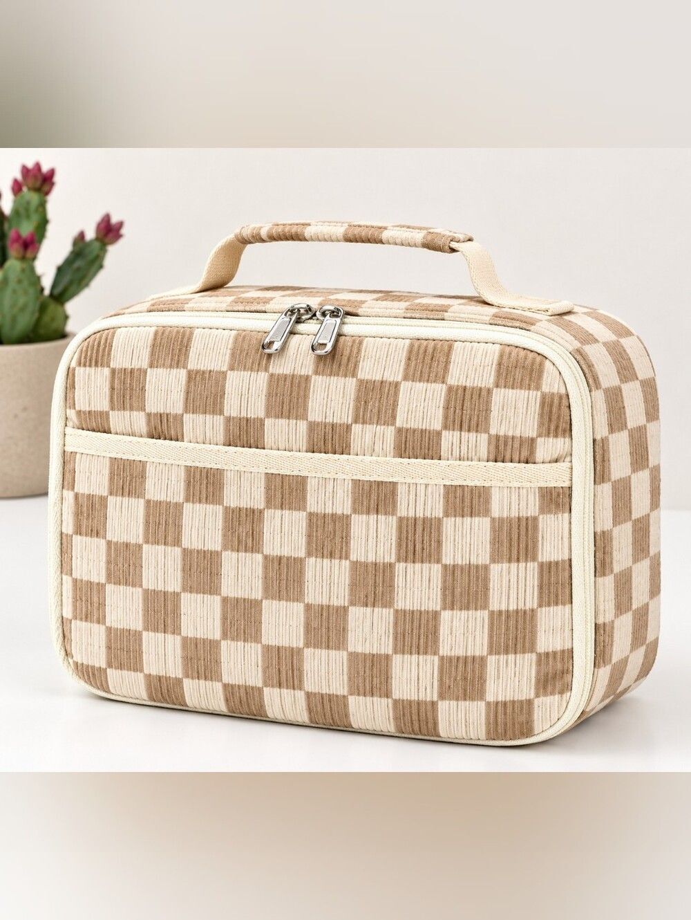 Checkered Corduroy Lunch Bag Makeup Toiletries Cute
